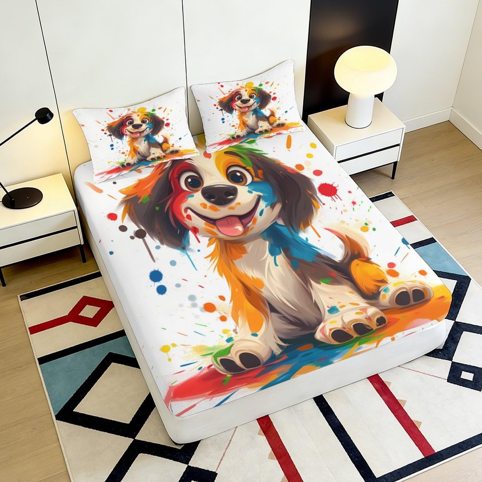 Lenzuolo con angoli con stampa 3D, motivo cani, in microfibra, antiscivolo | morbido, coprimaterasso, facile da pulire, traspirante, lavabile in lavatrice, 160 x 200 x 25 cm