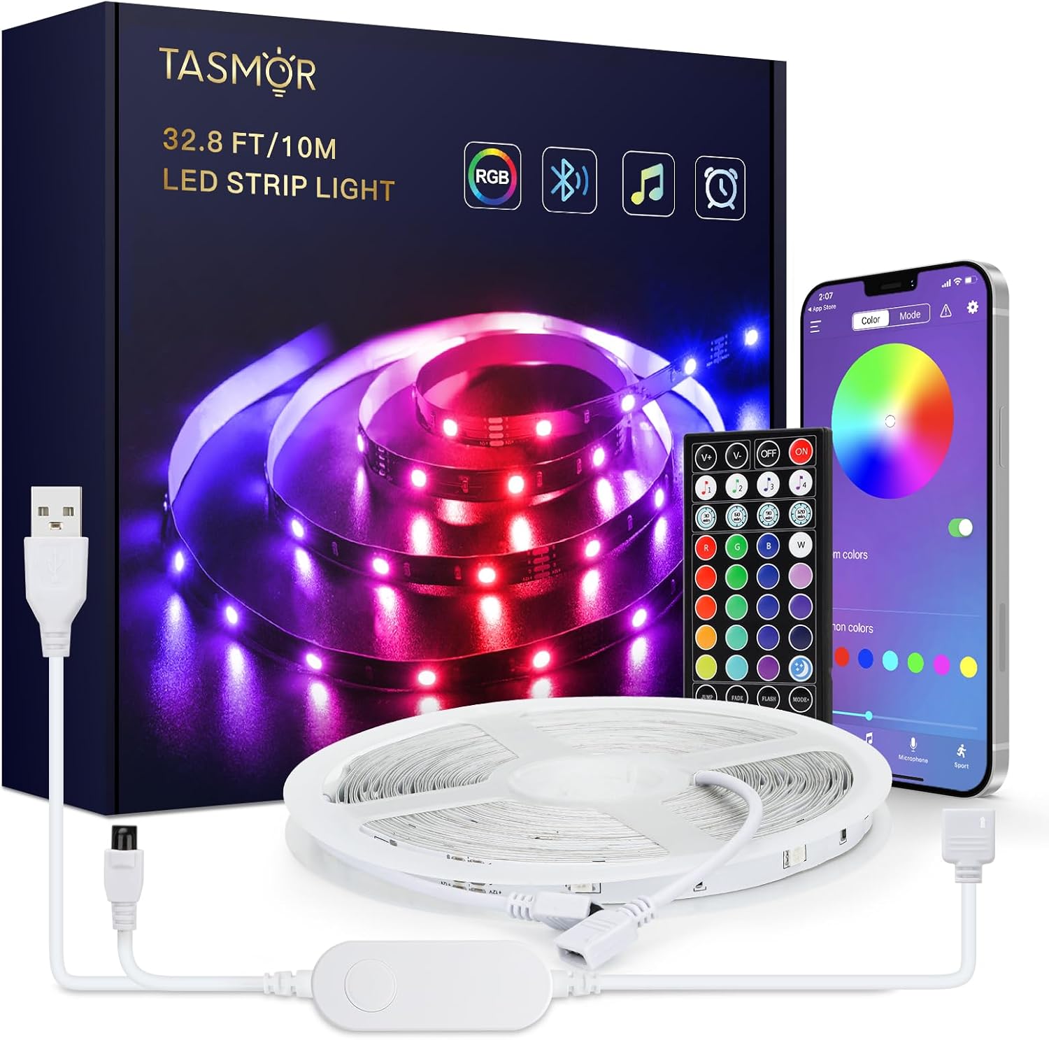 TASMOR 10M USB RGB LED Strip Light kit showing the product box, coiled LED strip, 44-key remote, USB power cable, and a smartphone displaying the control app interface.