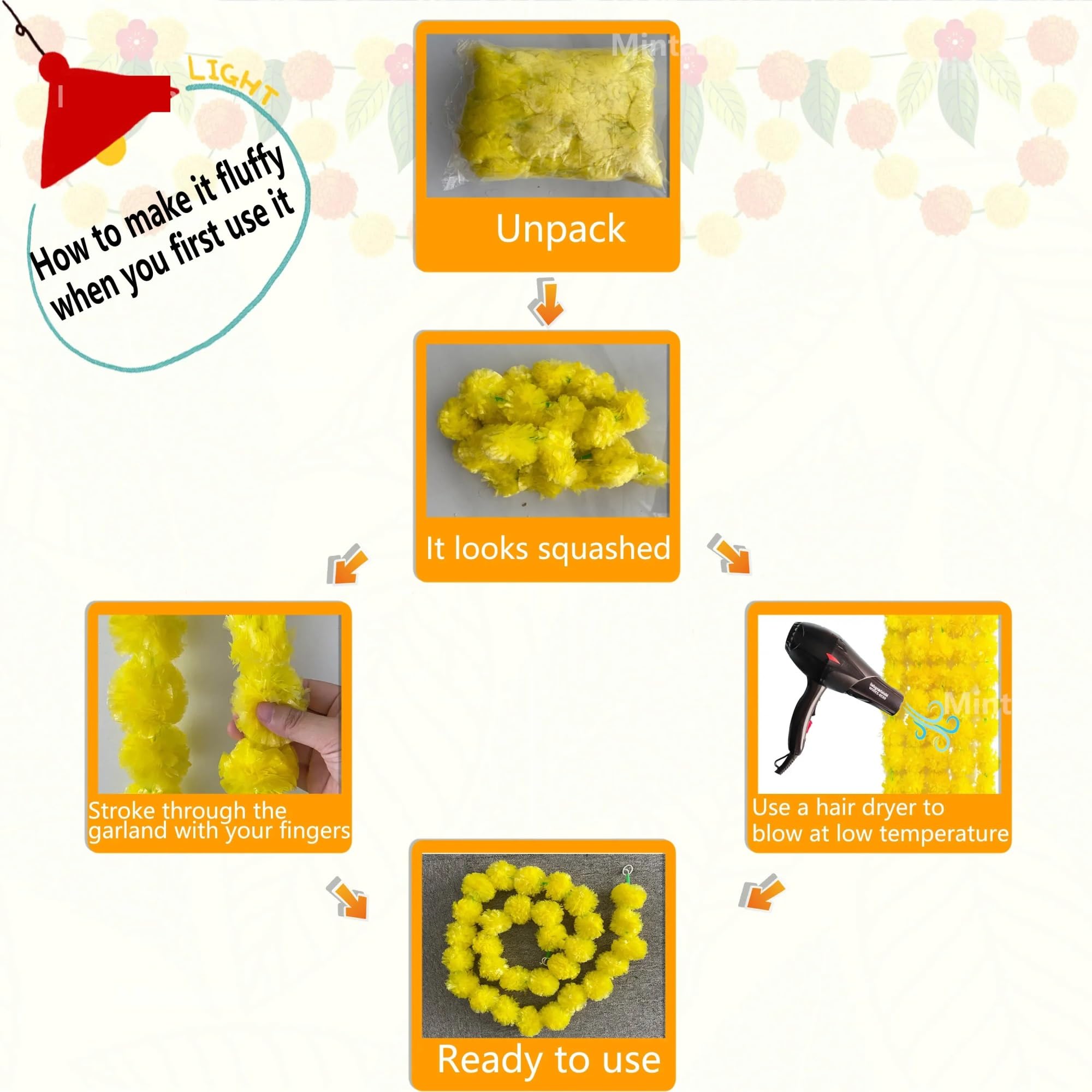 piante finte Ghirlanda di fiori calendula con зo, artificiali for Diwali Home fai da te Decorazione artigianale Festa nozze per decorazione(Roseo Yellow,5pcs)