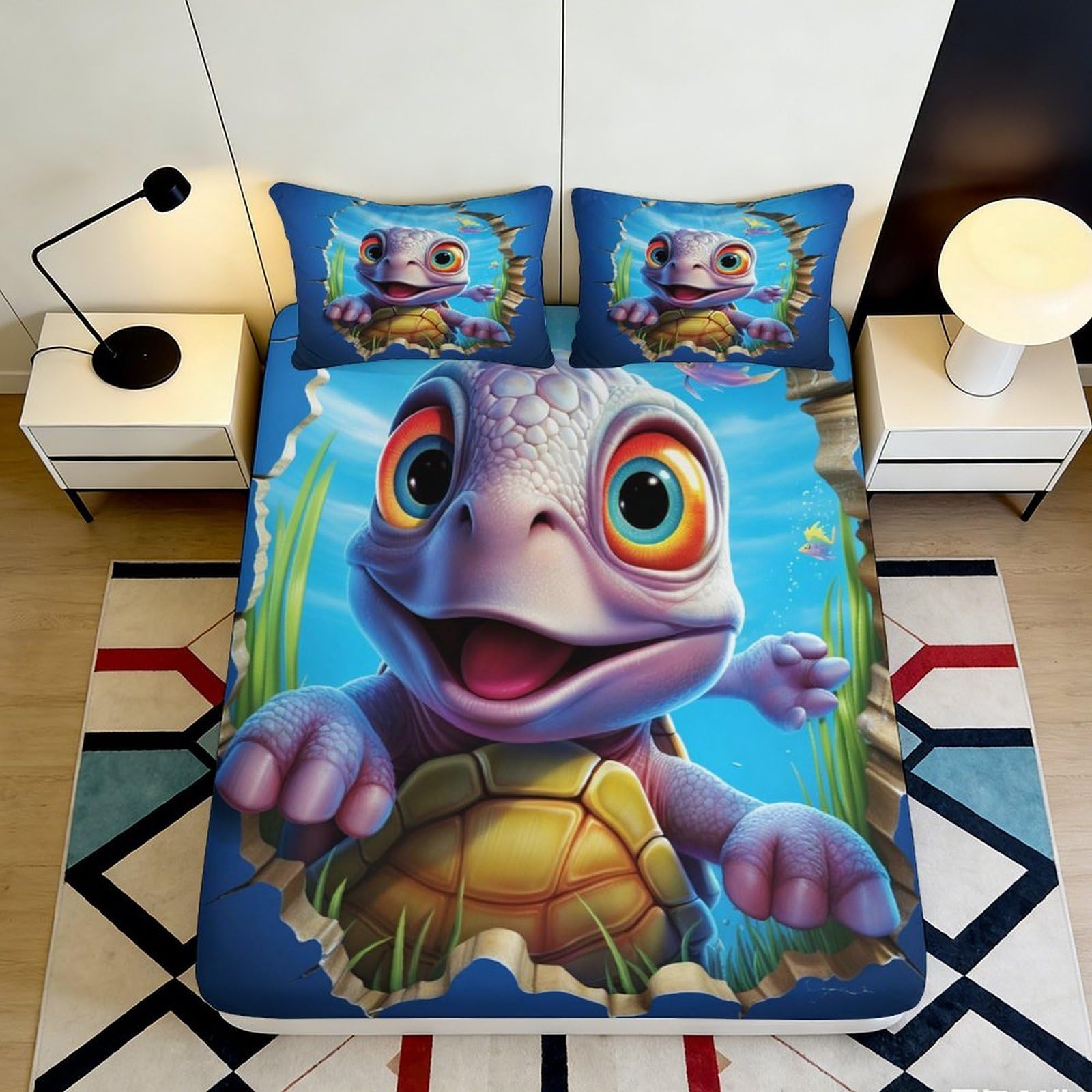 3D Printed Cartoon Turtle Fitted Sheet Microfiber Breathable Bedroom Bedding Elastic Hem Cartoon Turtle Mattress Fitted Cover Deep Pocket 90x200x25cm