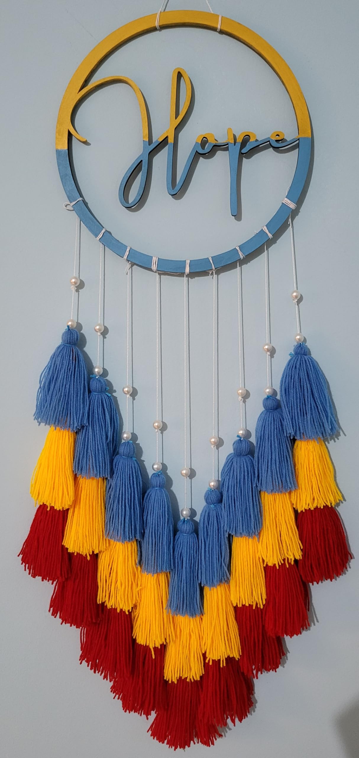 Samanth Creations Wall Hanging Dream Catcher for Home | Modern Home Decoration Gift for Wall, Handcrafted Hope Design with Blue, Yellow and Red Yarn Tassels with White Pearl Beads-image-41