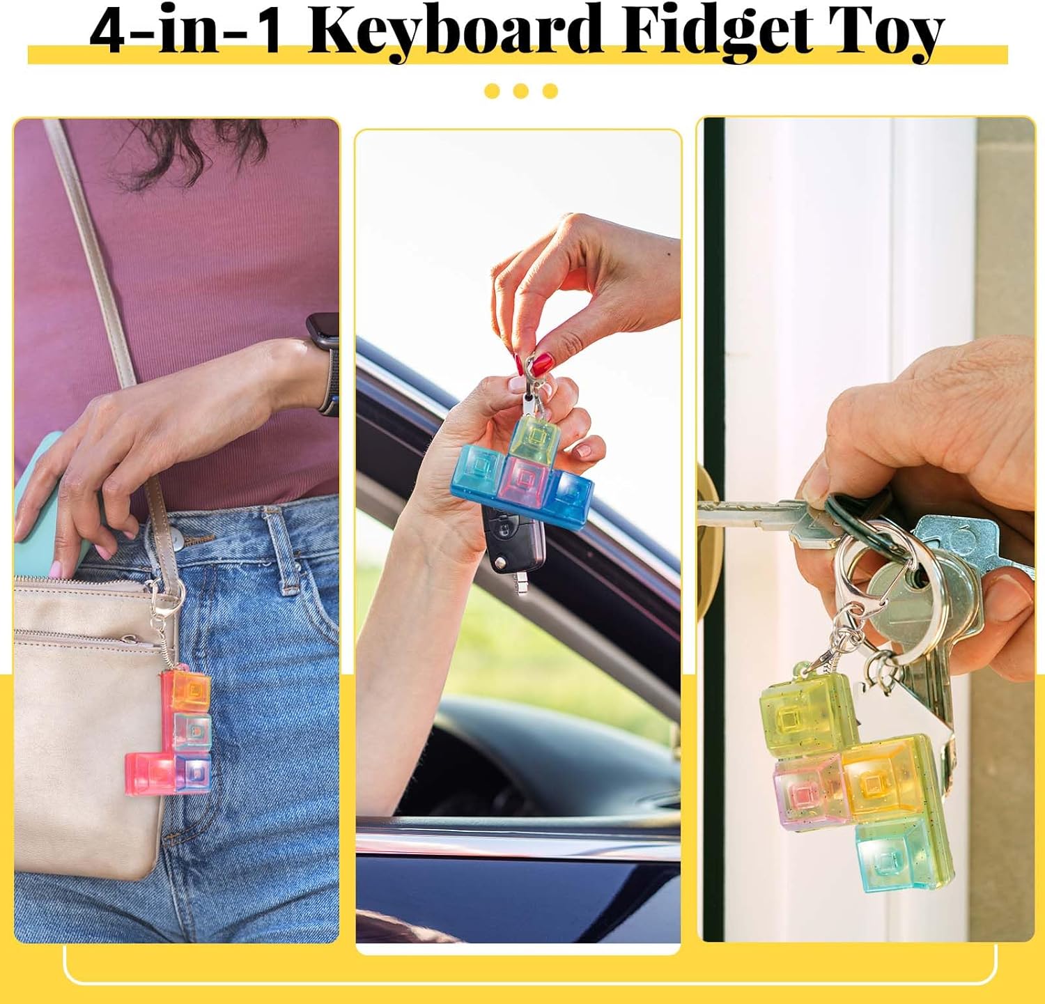 4-in-1 Keyboard Fidget Toy - Button, Shaft, Finger Clicker Keychain for Stress Relief and Pass Time - Transparent Design, No Lights, Ideal for Office and Home,5 Pieces
