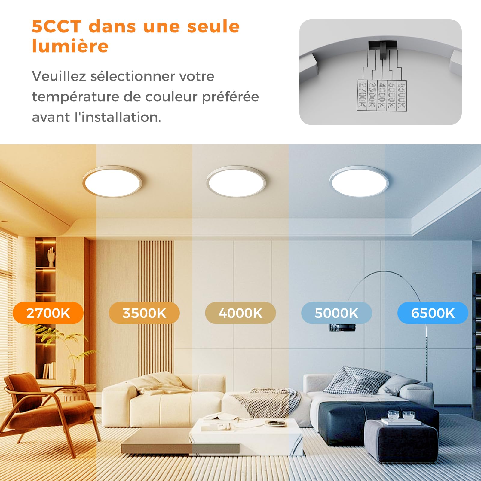 Plafonnier LED 22cm, Lampe de Plafond 18W 2400LM, 2700K-6500K 5 Températures de Couleur, Luminaire Plafond Rond Moderne, Éclairage Intérieur pour Chambre Cuisine Salon Couloir Bureau Entrée