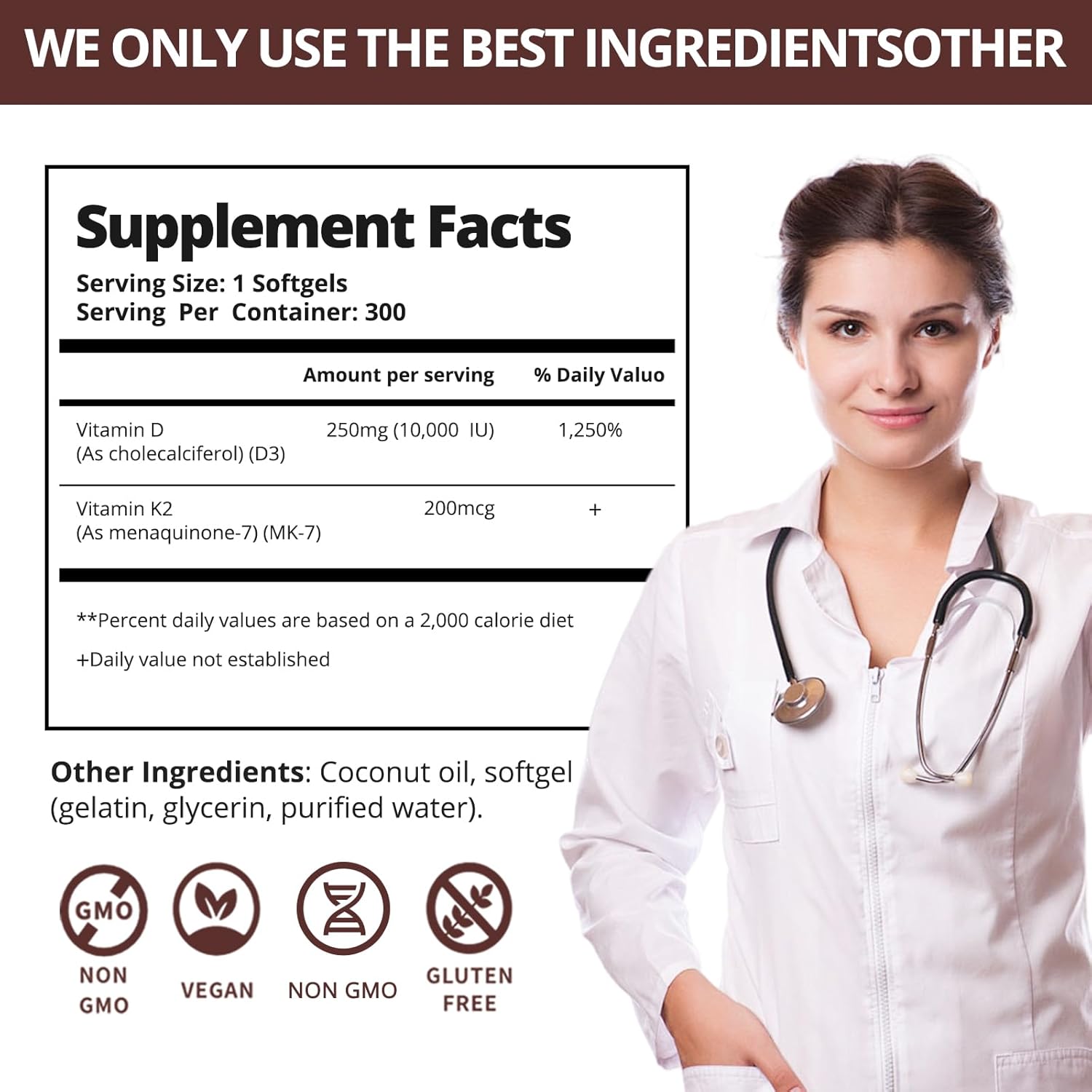 300 Pcs 2 in 1 Vitamin D3 10000 iu Plus K2 (MK-7) 200 mcg Virgin Coconut Oil Softgels with Vitamins D & K Supports Calcium Absorption, Bone, Immune, & Heart Health – Easy to Swallow - Image 7