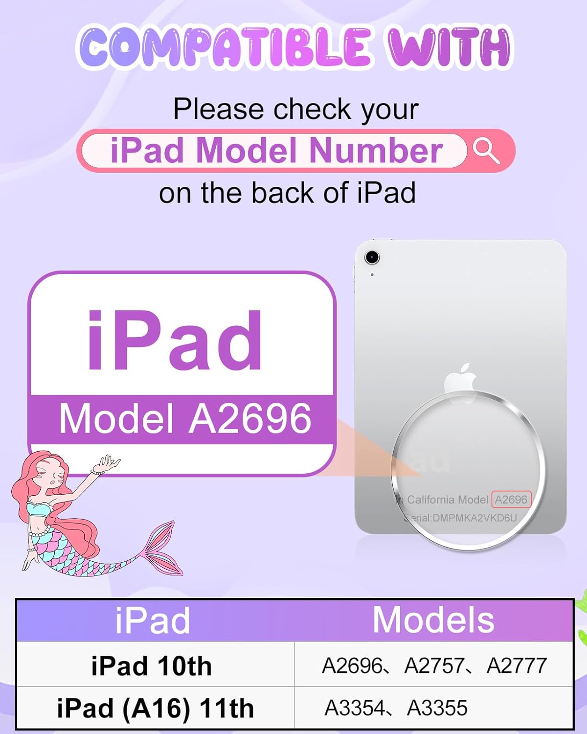 Boaretiu for iPad A16 Case/10th Generation Case - Girls Teens Cute Cartoon Purple Mermaids 10.9 Inch 2022 Tablet Cover with Strap & Rotating Stand Soft 3D Silicone Funda for iPad 11th 11 Inch 2025 Purple for iPad 10th/for iPad A16 11th Gen