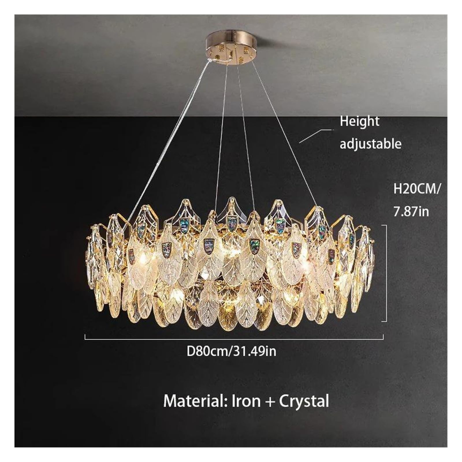 Générique Lustre rond en cristal doré forme de feuille laurier, luminaire décoratif brillant for chambre à coucher, salon, salle manger ou villa(Warm White,AD80CM)