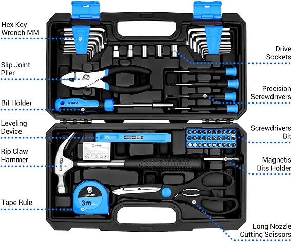 DEKO Tool Kit：Tool Set, Hand Tool Kit Box DIY for Men 62 Pieces, Home Repair DIY Tools Basic Hand Toolbox Sets for Home Blue