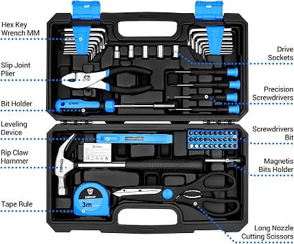 DEKO Tool Kit:Tool Set, Hand Tool Kit Box DIY for Men 62 Pieces, Home Repair DIY Tools Basic Hand Toolbox Sets for Home Blue