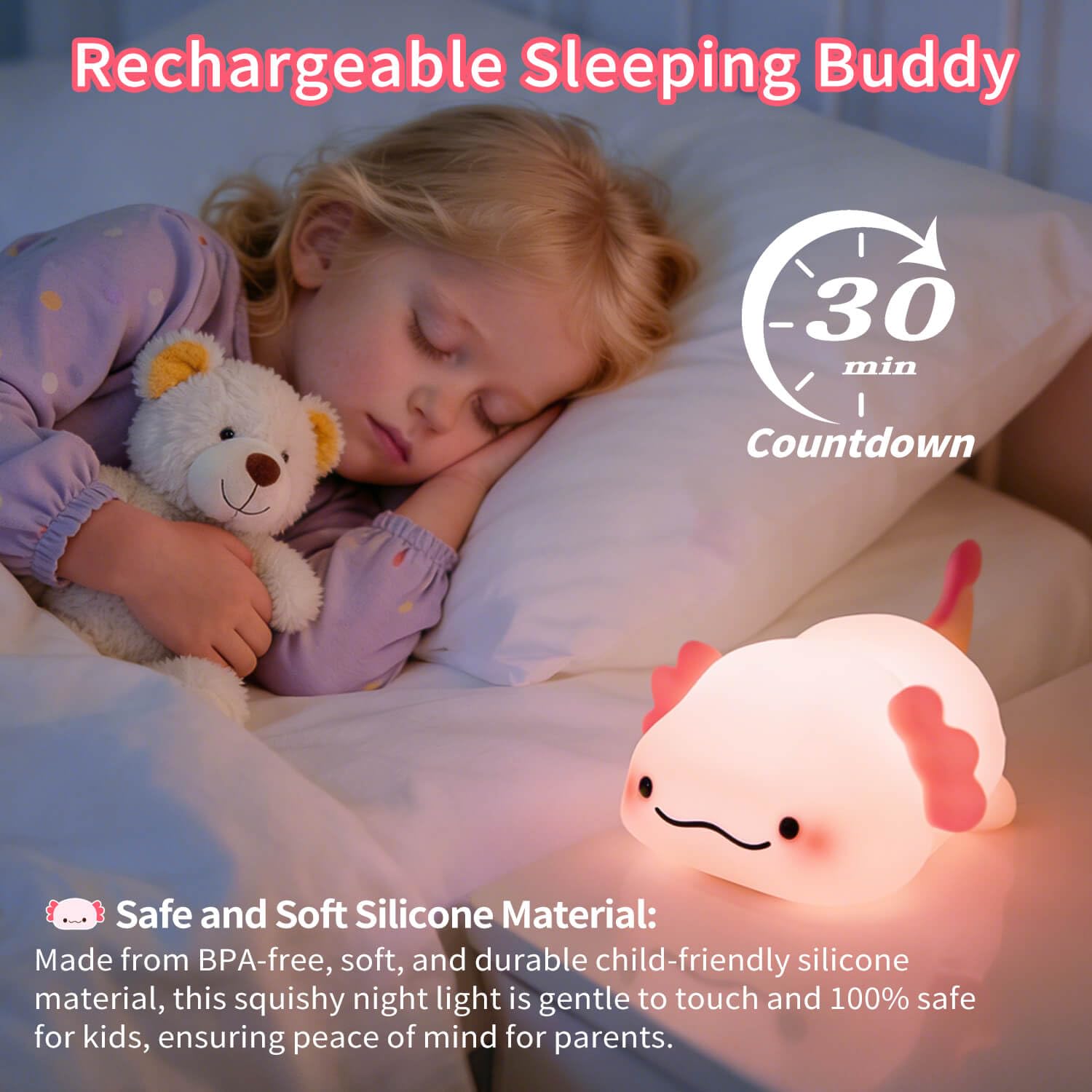 Axolotl - Luz nocturna para niños, silicona blanda de 3 niveles regulable, control táctil, bonita luz nocturna con temporizador, portátil, recargable por USB, lámpara de noche rosa, regalos