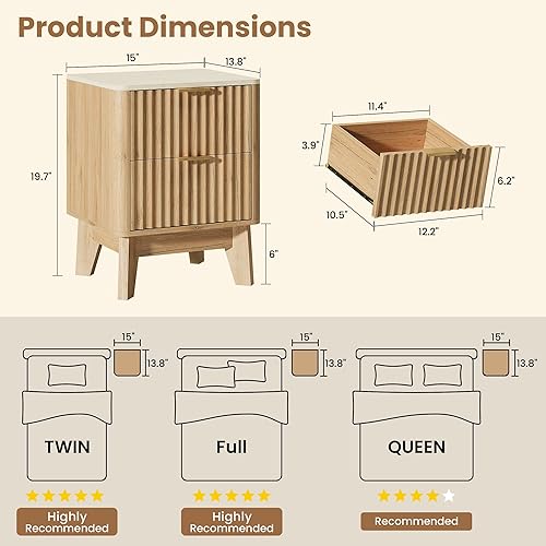 Miniatura 2 de Juego de 2 mesitas de noche acanaladas, mesa auxiliar moderna con parte superior de mármol sintético, 2 cajones de almacenamiento, mesita de noche