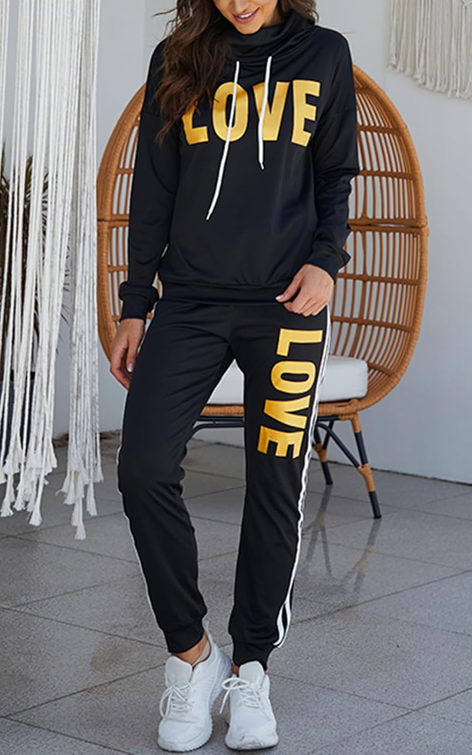 Angsuttc Women's Letter Print 2 Piece Outfits Cowl Neck Long Sleeve Sweatshirt and Pants Set Tracksuit - Image 3