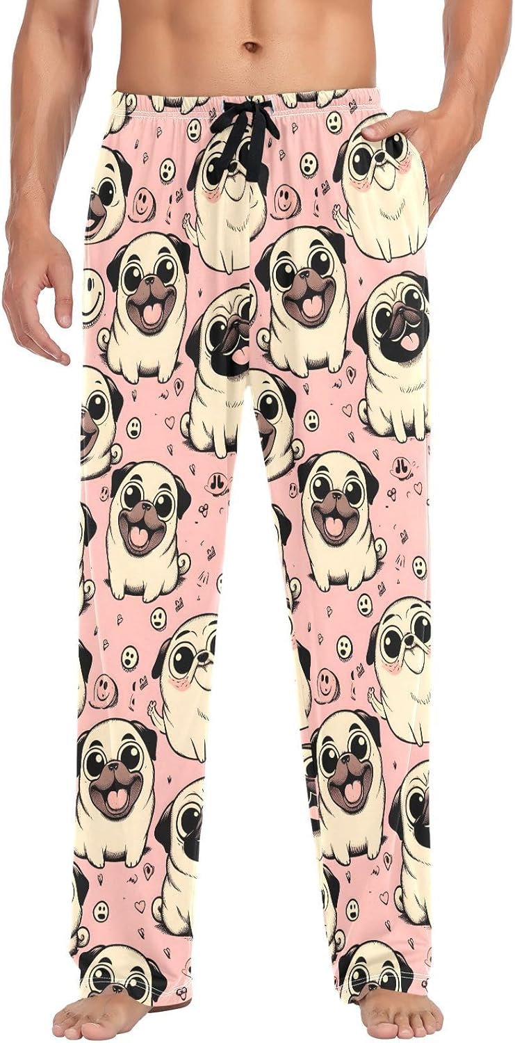 ALAZA Mens Pajama Pants 100 Cotton, Cute Pug Dog Pink Men