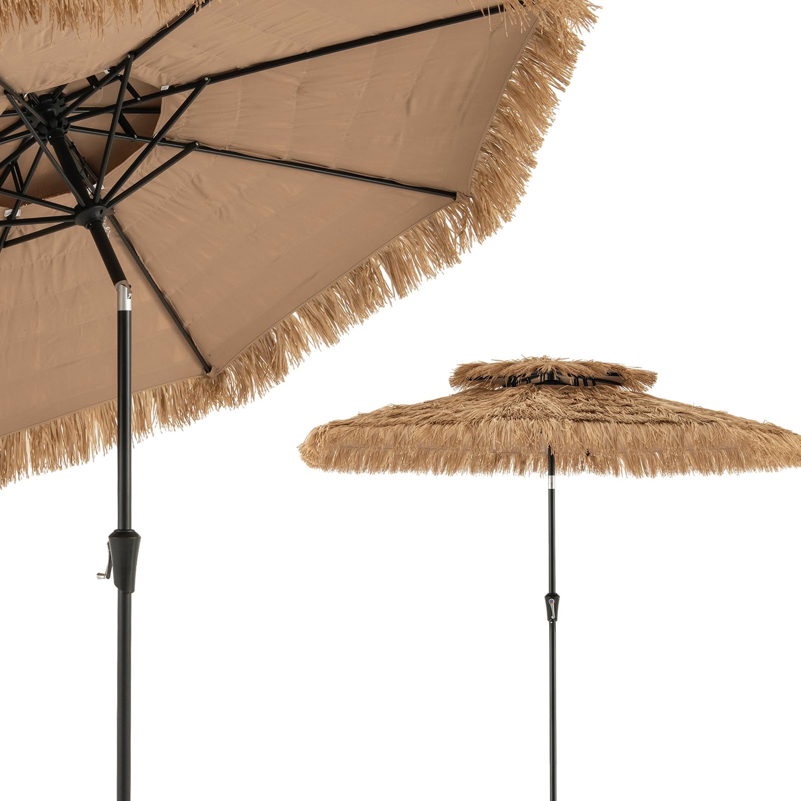 Parasol De Plage Hawaïen Marron - Diamètre 155 Cm - Hauteur 180 Cm - Pliable Avec Sac - Inclinable Et Réglable