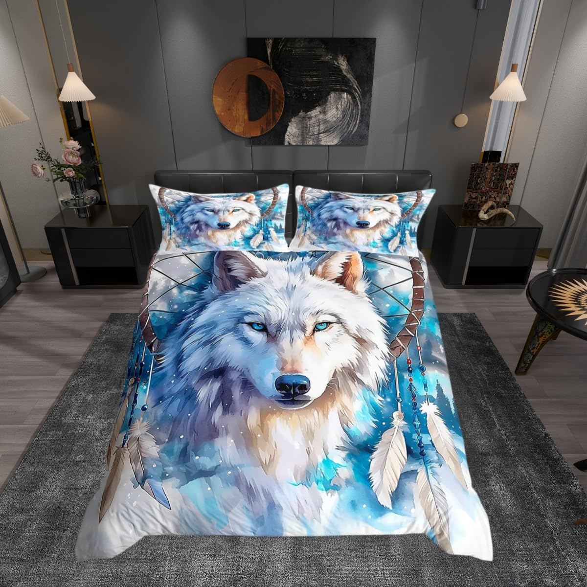 Parure de lit loup et attrape-rêves pour chambre d'enfant sans décoration