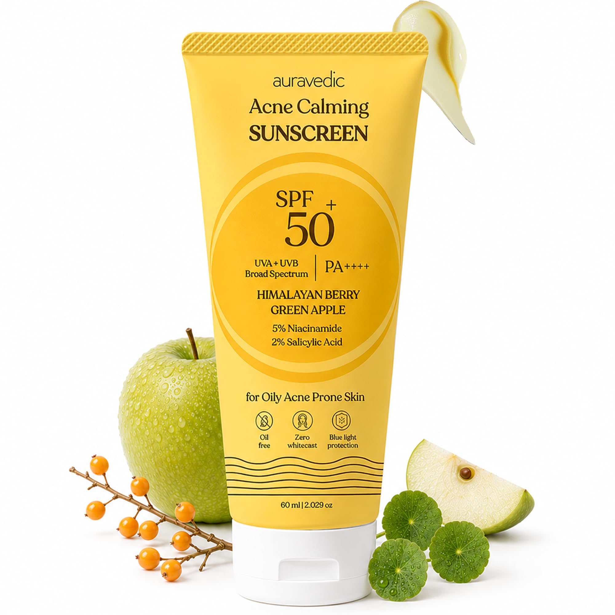 Auravedic Acne UV Sunscreen SPF 50 PA++++ for Acne Prone Oily Skin with Himalayan Berry Green Apple Gotu Kola Niacinamide 2% Salicylic Acid Pore Minimizing Non Greasy No White Cast Cream