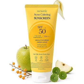 Auravedic Acne Calming Sunscreen SPF 50 PA++++ | Oil Free Face Sunscreen for Acne Prone Skin & Oily Skin | 5% Niacinamide & 2% Salicylic Acid | Non-Comedogenic, No White Cast, Matte Finish, 2.03 Fl Oz