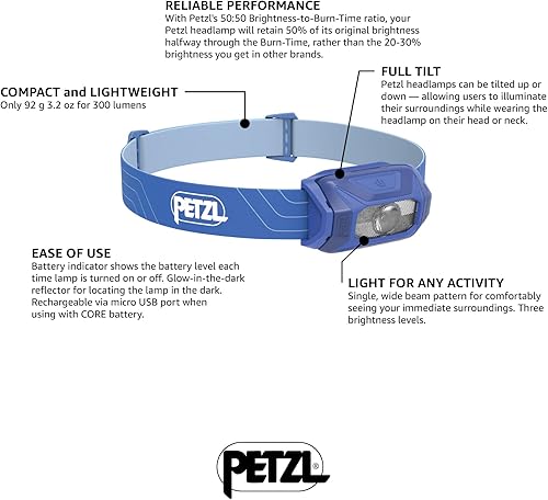 Miniatura 3 de PETZL TIKKINA - Linterna frontal compacta y fácil de usar de 300 lúmenes, diseñada para senderismo, escalada, correr y acampar, color azul