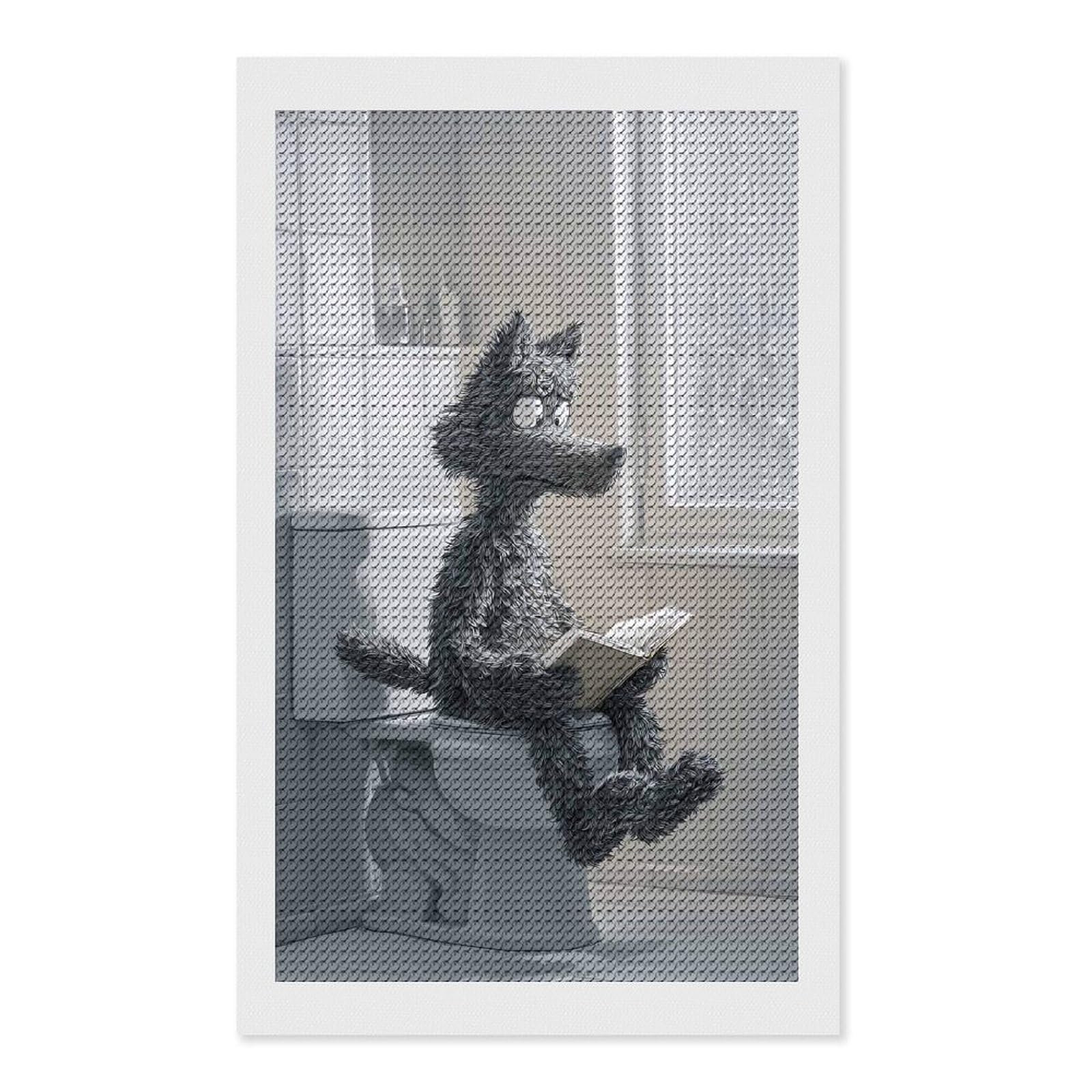 Junmoney Wolf Reading on Toilet During Rain Diamond Painting Canvas Set 12"x20", Satisfying Creative Project, Easy to Follow Symbols, Fun Craft Experience