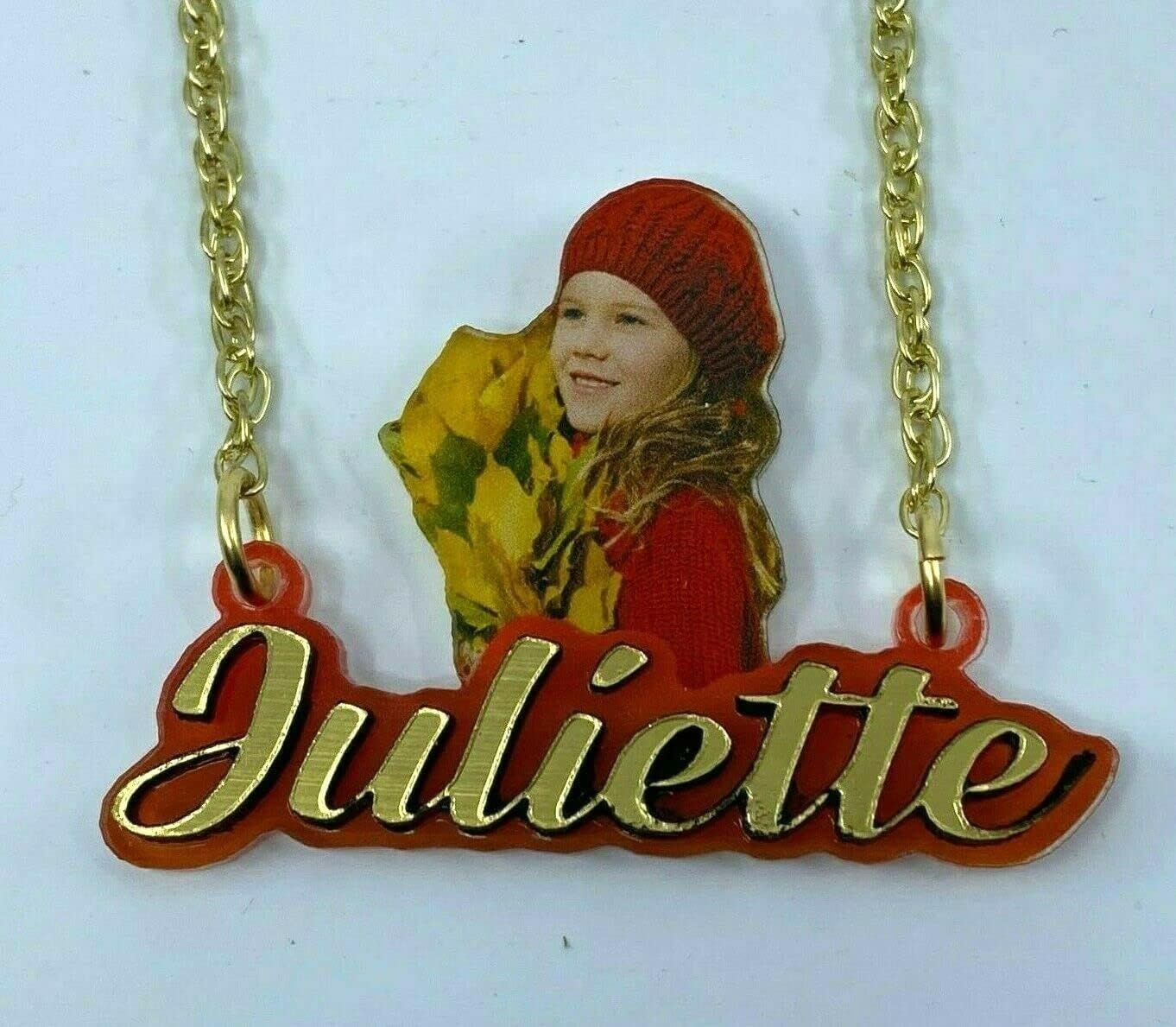 MIRROR MANIA Your Custom Picture Photo UV Printed on Premium Clear Acrylic Nameplate Necklace Pendant Personalized Free Laser Cut Any Name With Silver or Gold Choice Chain- WOW!