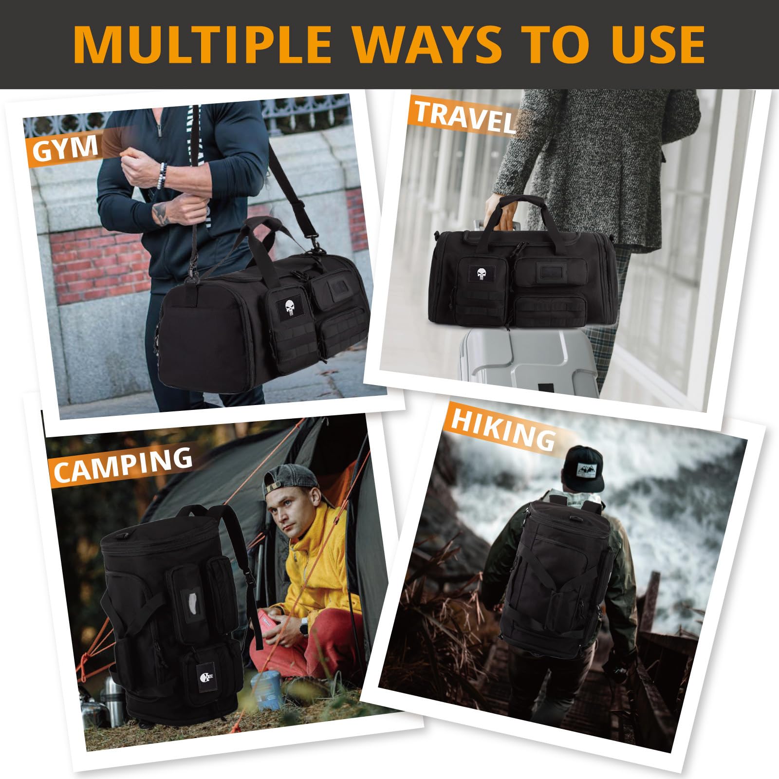 Borsa da palestra espandibile da uomo, borsone sportivo tattico 3 in 1 con scomparto per scarpe, resistente all’acqua, ideale per sport e viaggi nel weekend