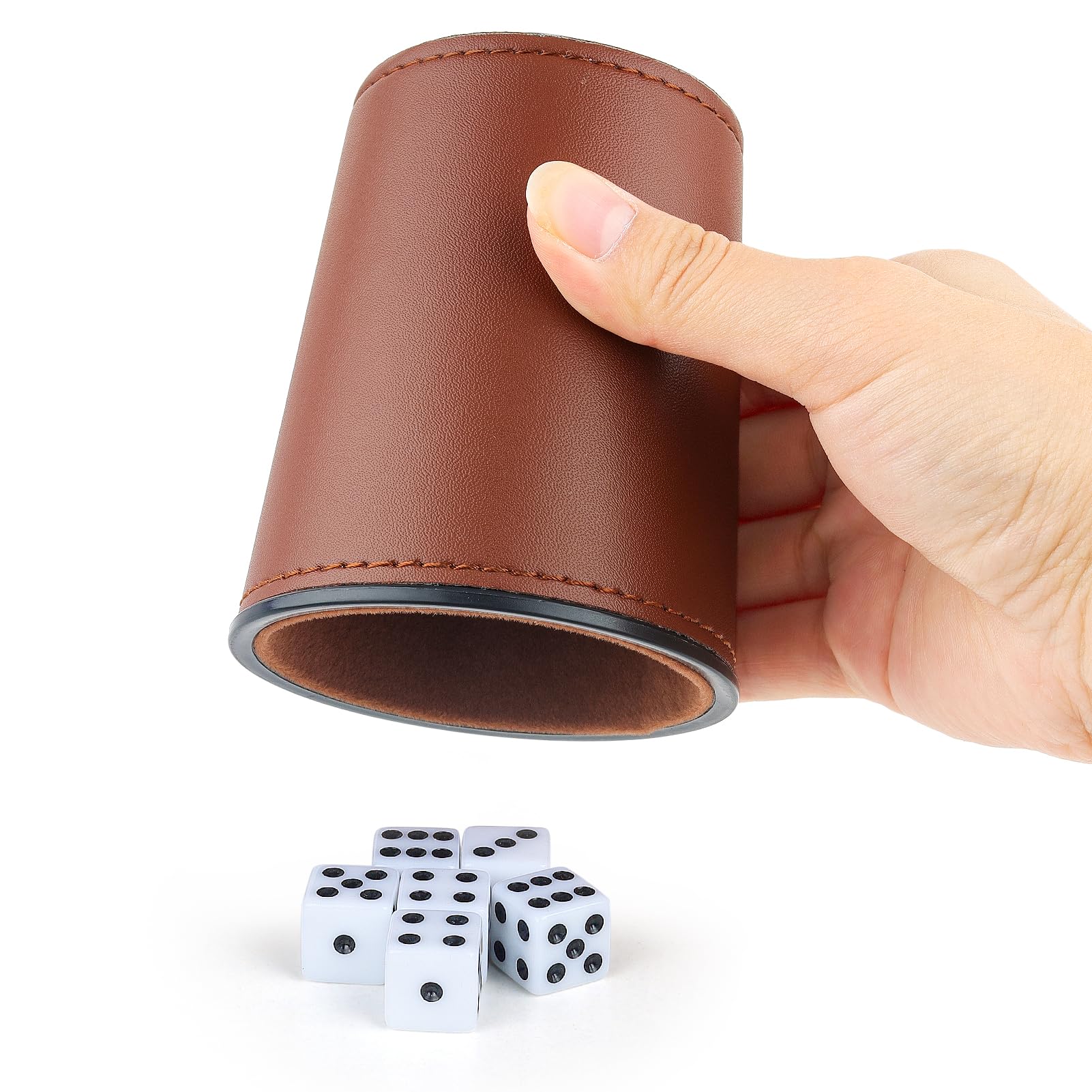 Filzgefüttertes PU-Leder-Würfelbecher-Set, 6 leise Shaker-Becher mit 36 Würfeln für Bar-Party, Yahtzee Farkle-Spiele, Dunkelbraun