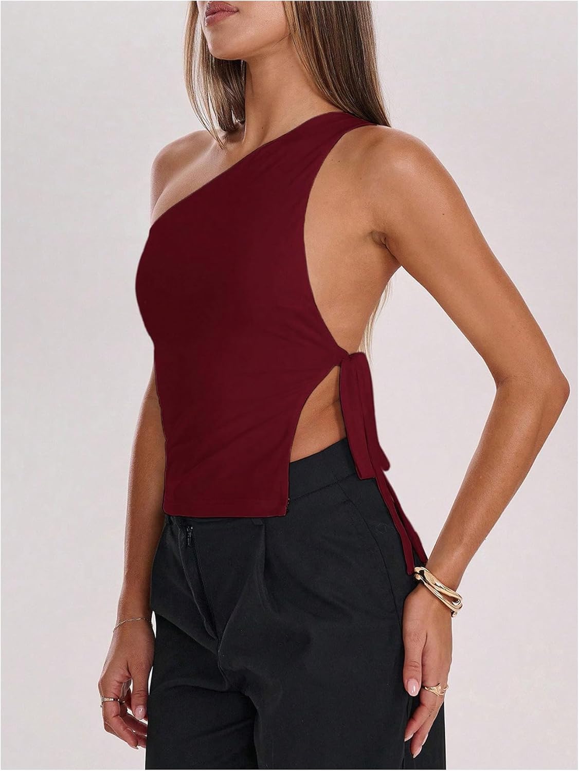 Women's One Shoulder Cut Out Tank Top Elegant Asymmetrical Knot Sleeveless Tops Going Out Outfits - Image 4