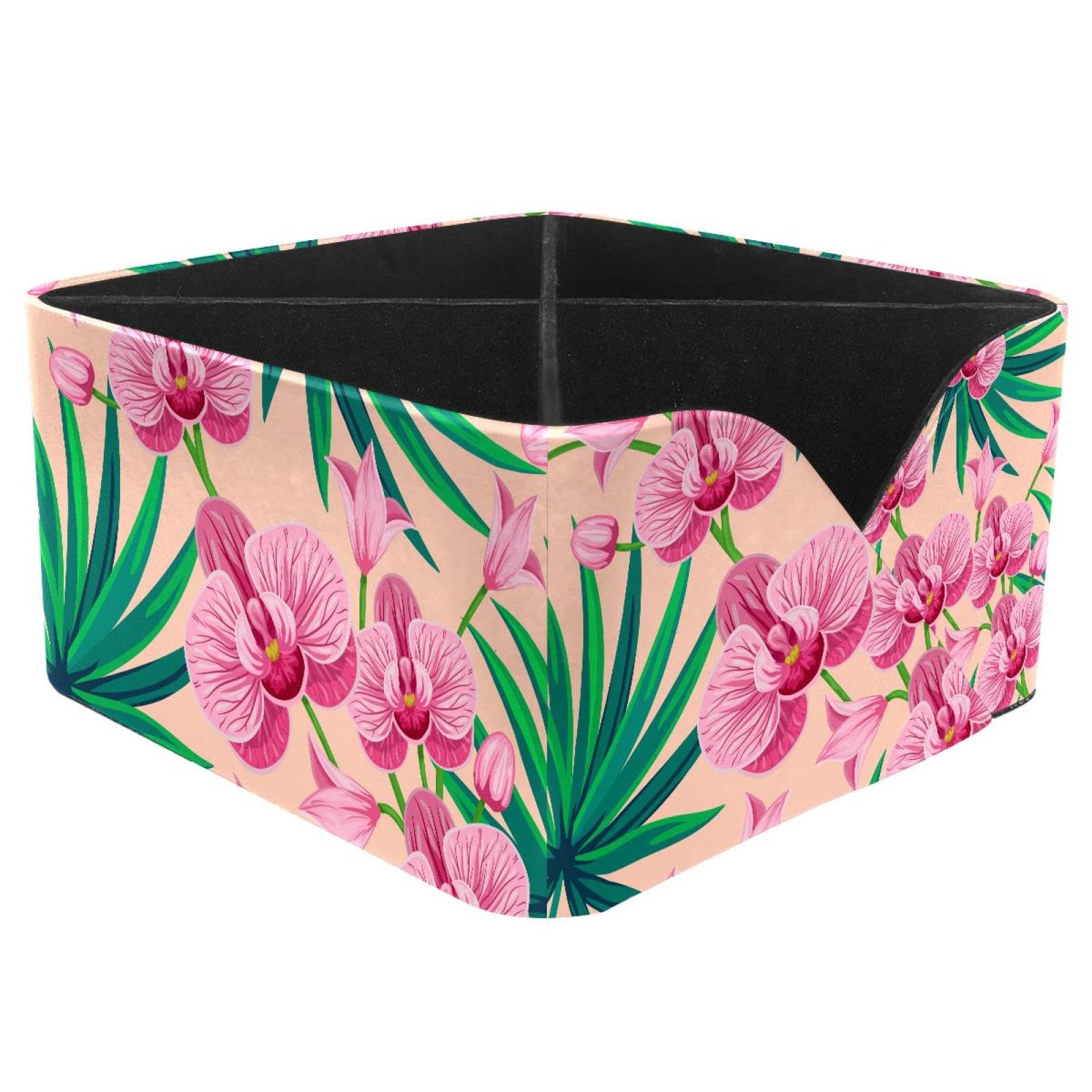 KengjuTesu Tropical Palm Leaves and Orchid Flowers Pattern Desktop Organizer Pen Holder, Rectangular Pencil Cup for Office, Study and Makeup Stations