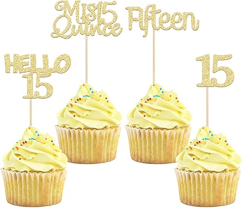 Gyufise 24 piezas de adornos dorados para cupcakes de cumpleaños número 15 con purpurina dorada para cupcakes de cumpleaños 15 de 15 de 15