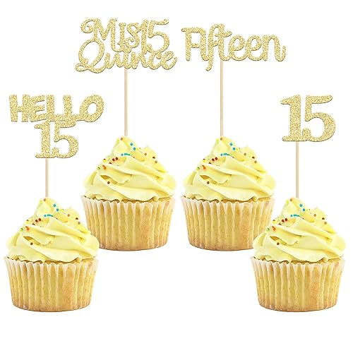 Gyufise 24 adornos dorados para cupcakes de cumpleaños número 15 con purpurina Mis membrillo 15 15 decoraciones para cupcakes para cumpleaños de 15