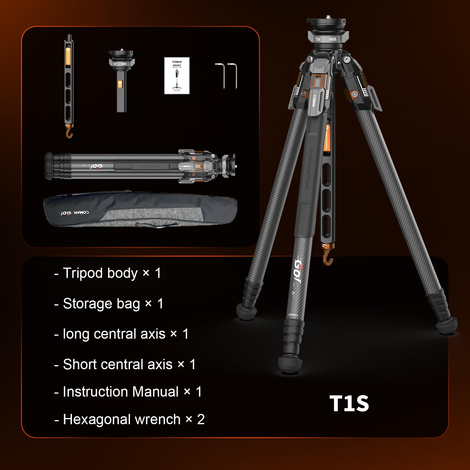 COMAN EIN-klick-Vollausziehbares Carbonfaser-Kamerastativ, Professionelles Videostativ, Kugelkopf für schnelle Nivellierung, Tripod Maximale Höhe 165cm, Maximale Tragkraft 20kg (T1S)