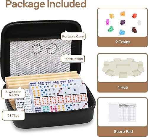 Miniatura 3 de Juego de dominó de tren mexicano con 4 bandejas de madera/estantes de madera, juego de viaje doble de 12 dominó con 4 soportes para azulejos