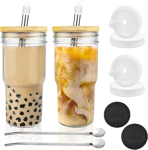 AiHeart Vaso de vidrio Boba de 22 onzas, paquete de 2 tarros Mason de boca ancha con tapas de pajita y posavasos de silicona, vaso para batidos,