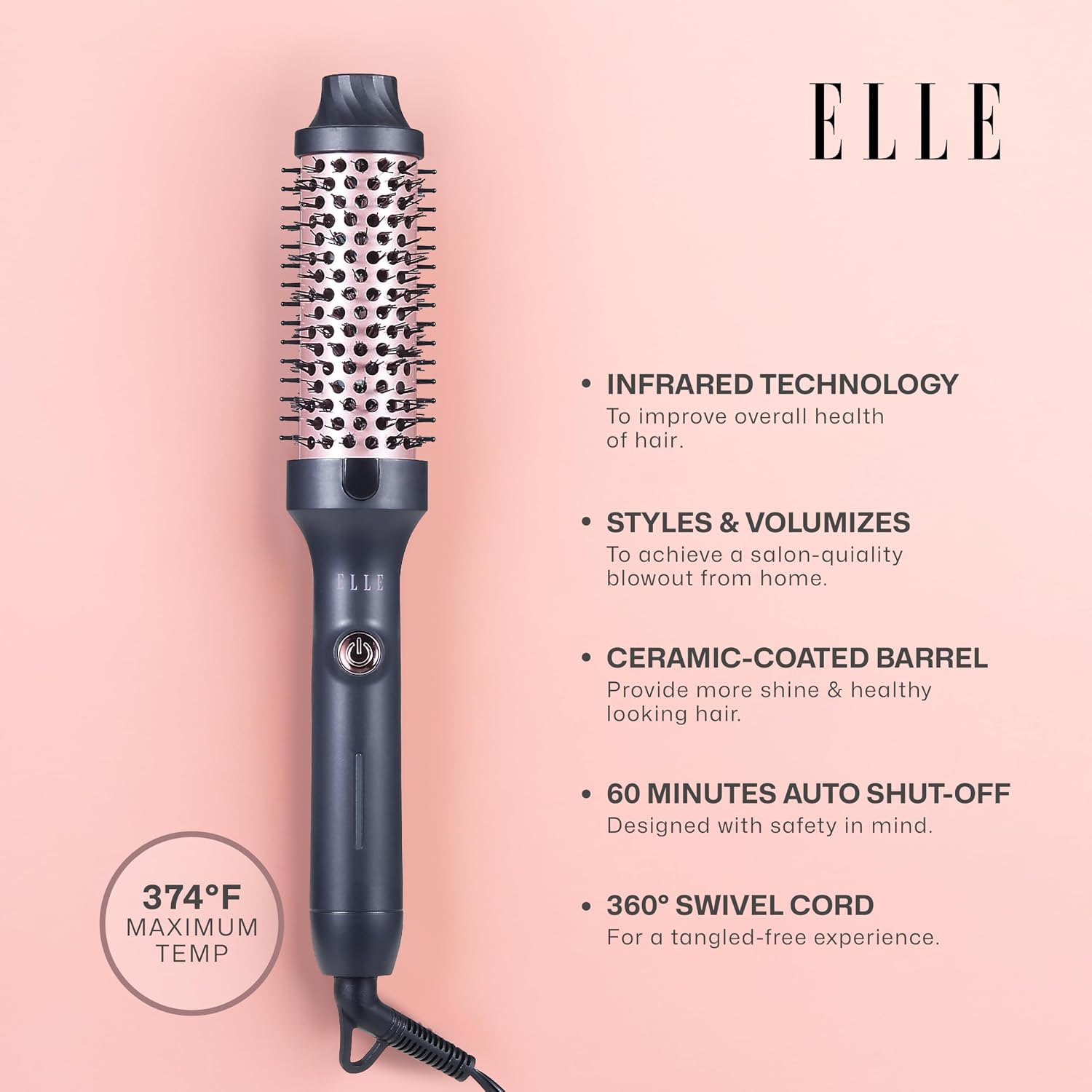 Elle - Infrared Heated Round Brush, Gentle Heat Effortless Volume and Shine (Black)