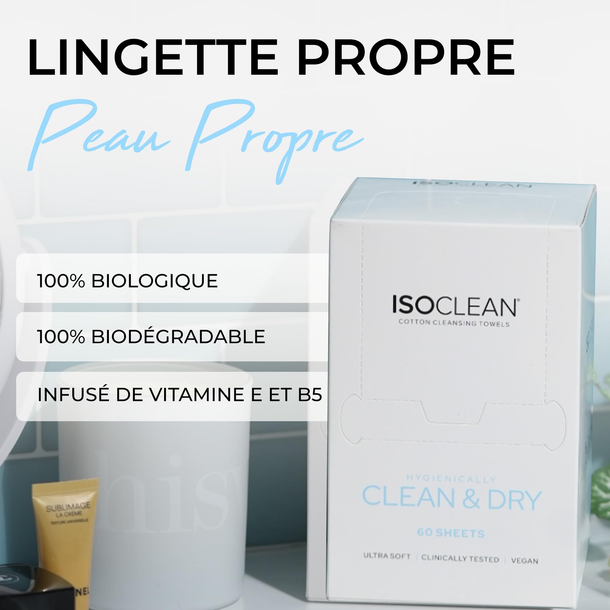 ISOCLEAN Lingettes Visage Jetables - Lingettes en Coton Doux pour Démaquillage, Nettoyage du Visage - Double Texture, Serviette Douce pour Peaux Sensibles, Sans Parfum - Boîte de 60