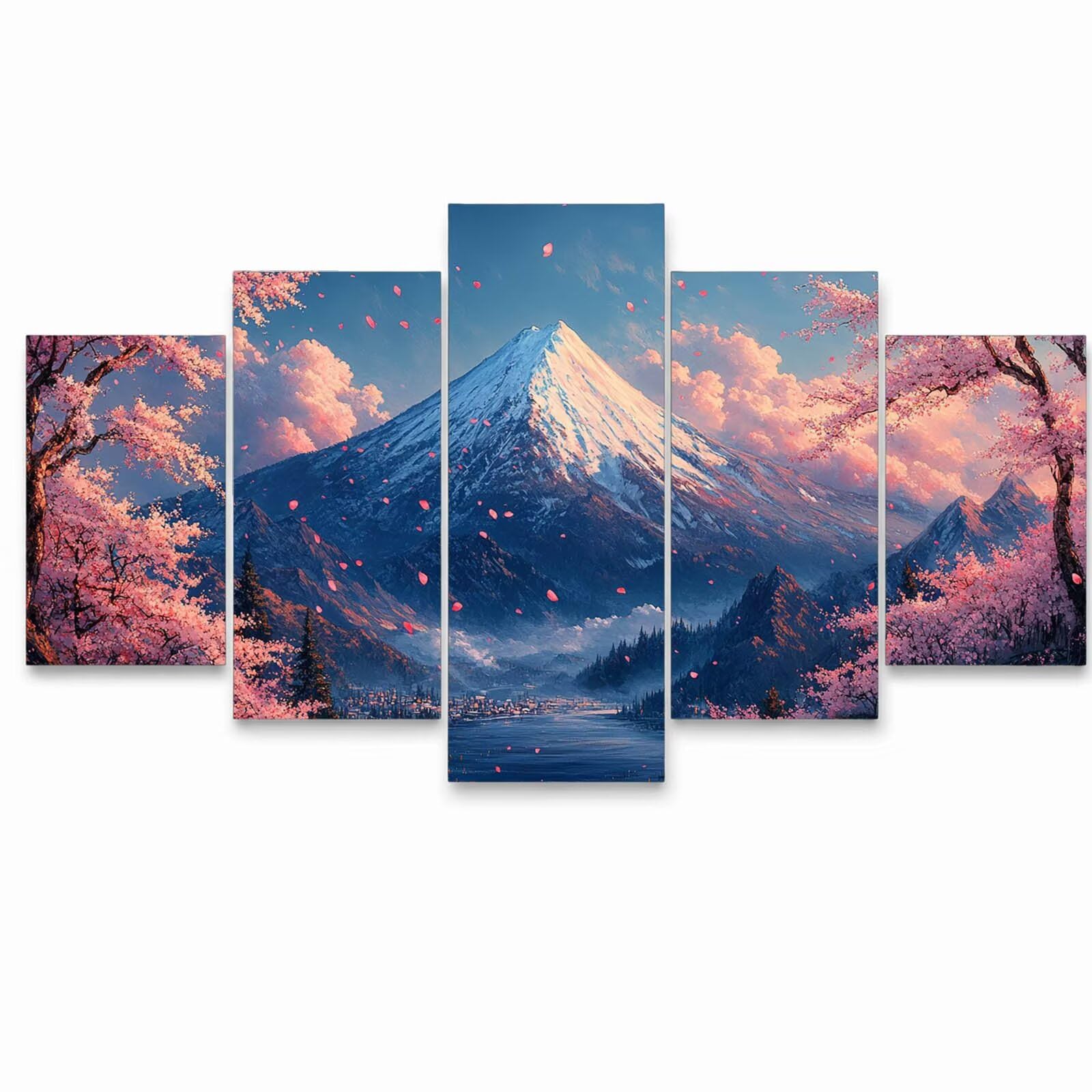 5 Pack Leuchtend Malen Nach Zahlen Erwachsene Berg Drei Größen YCBZ-0921 | DIY Set Erwachsene mit Pinselset Acrylfarben Set Fünf Leinwand zum Bemalen Kirschblüten Deko Wohnzimmer Geschenke für Frauen