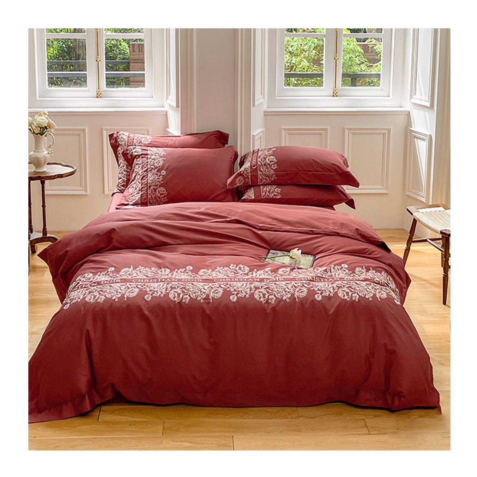 Housse de couette rouge 220x240 parure de lit 4 pièces drap taies oreiller