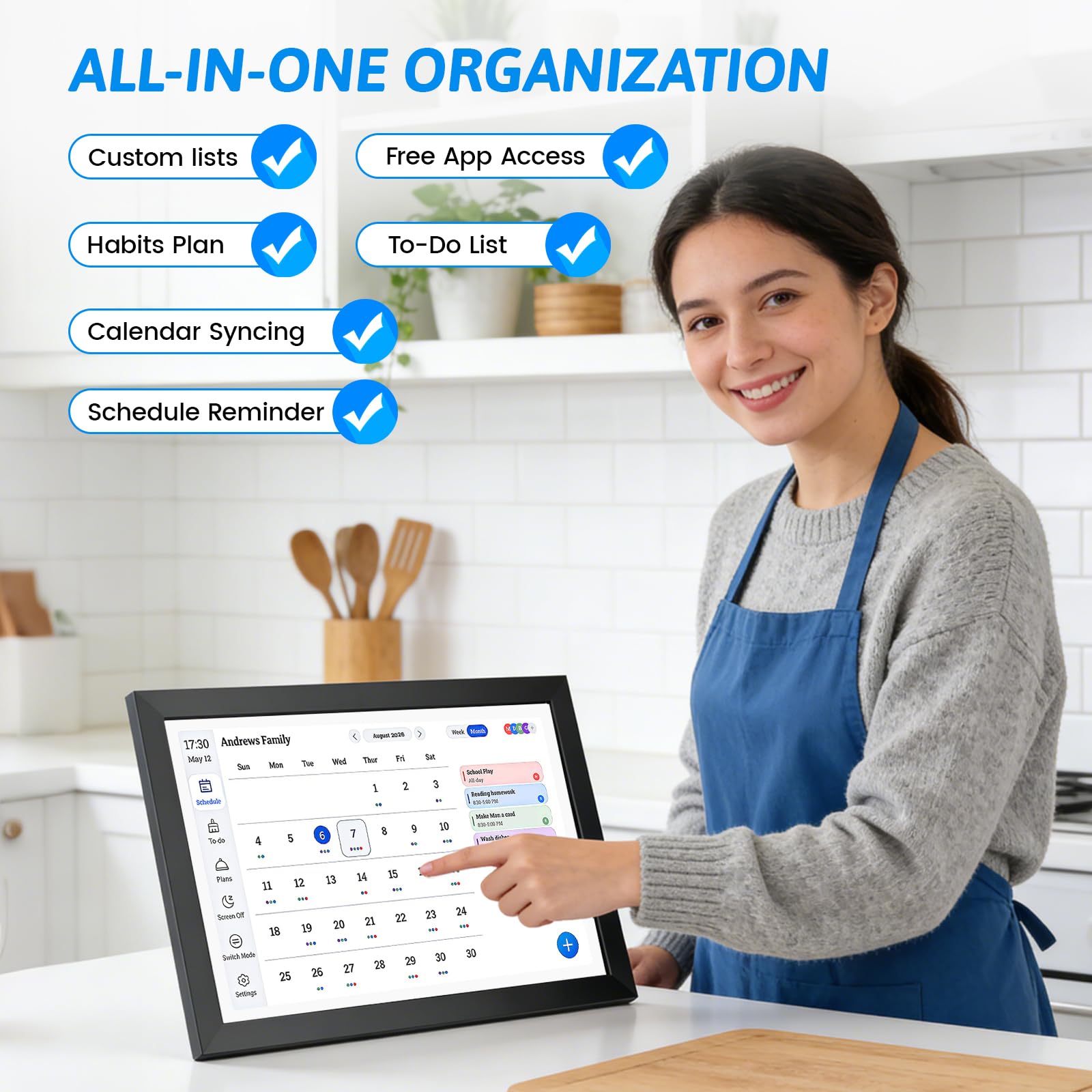 Calendario digitale da 10,1 pollici con touchscreen - Organizzatore familiare intelligente da 32 GB - Agenda elettronica con Wi-Fi e supporto a parete/scrivania - Cornice digitale multifunzione