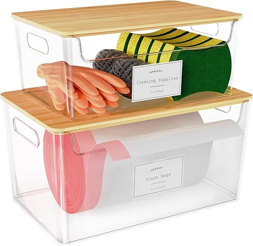 Paquete de 2 soportes para bolsas de basura apilables debajo del fregadero, dispensador de basura de plástico con tapa, dispensador de