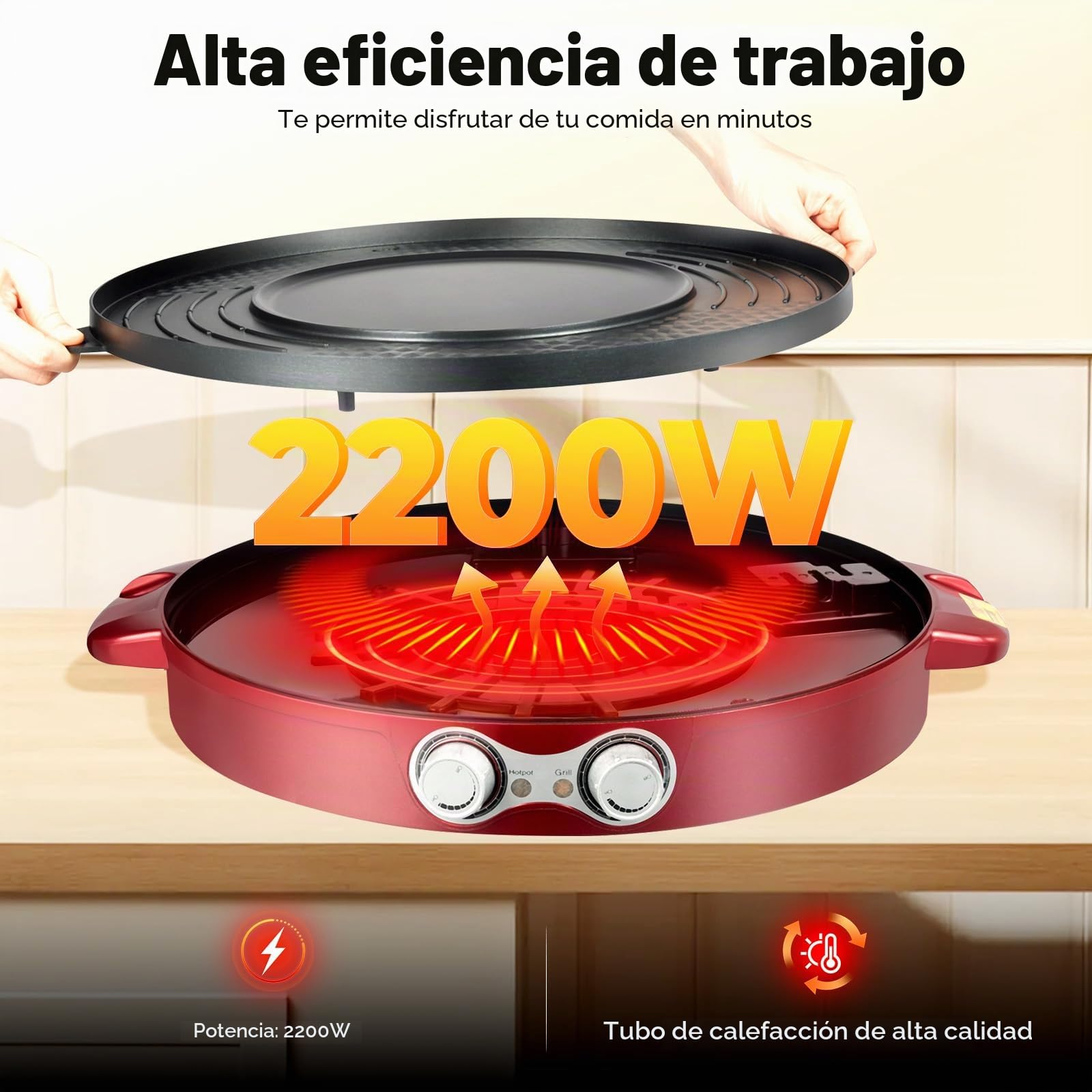 Cacerola eléctrica de 2200 W, multifunción, 2 lados, antiadherente, barbacoa de mesa, sartén dividida 2 en 1, para 2 a 8 personas, color rojo