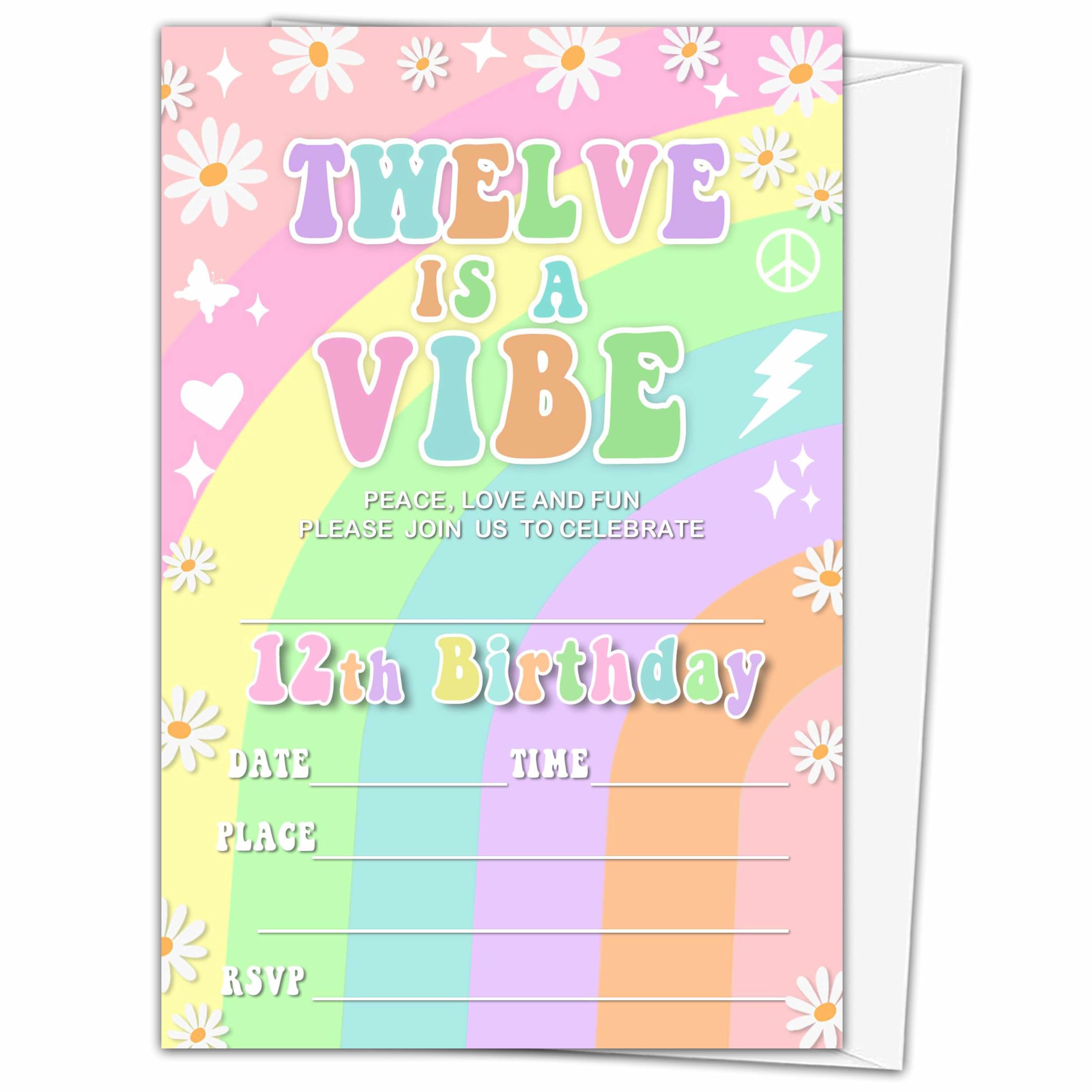 Invitación de cumpleaños 12 Daisy Groovy con sobres de 4x6 pulgadas 5