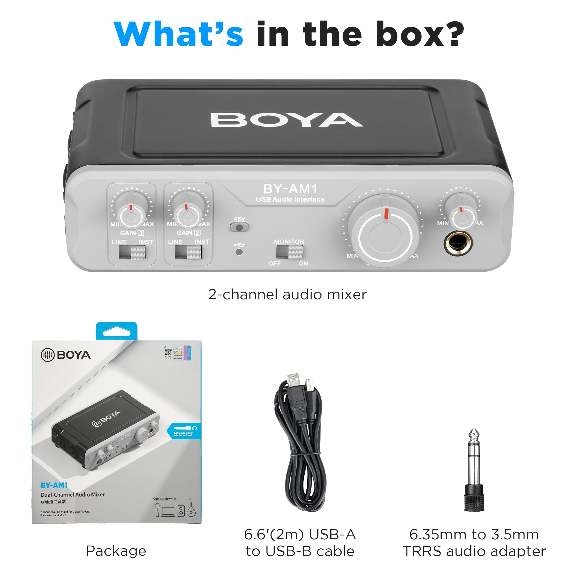 BOYA Mikser audio z interfejsem mikrofonowym XLR/6,35 mm, zasilanie fantomowe 48 V, dwukanałowe, wzmocnienie, regulacja stereo/mono, regulacja głośności dla mikrofonu PC, klawiatury, podcastu,