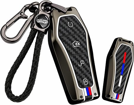 SANRILY Carbon Fiber Pattern 4 Button Key Fob Cover for BYD Tang EV600 Han EV Yuan ATTO 3 Song Plus Pro MAX DMI Qin Accessories Keyless Luminous Key Holder with Weave Keychain Black