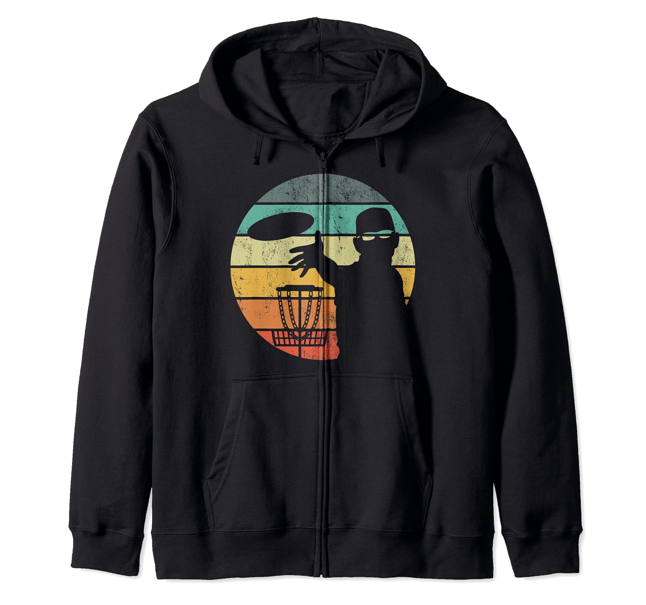 Vintage Frisbee Golf Disc Golf Athlete Retro Sunset Zip Hoodie, Black