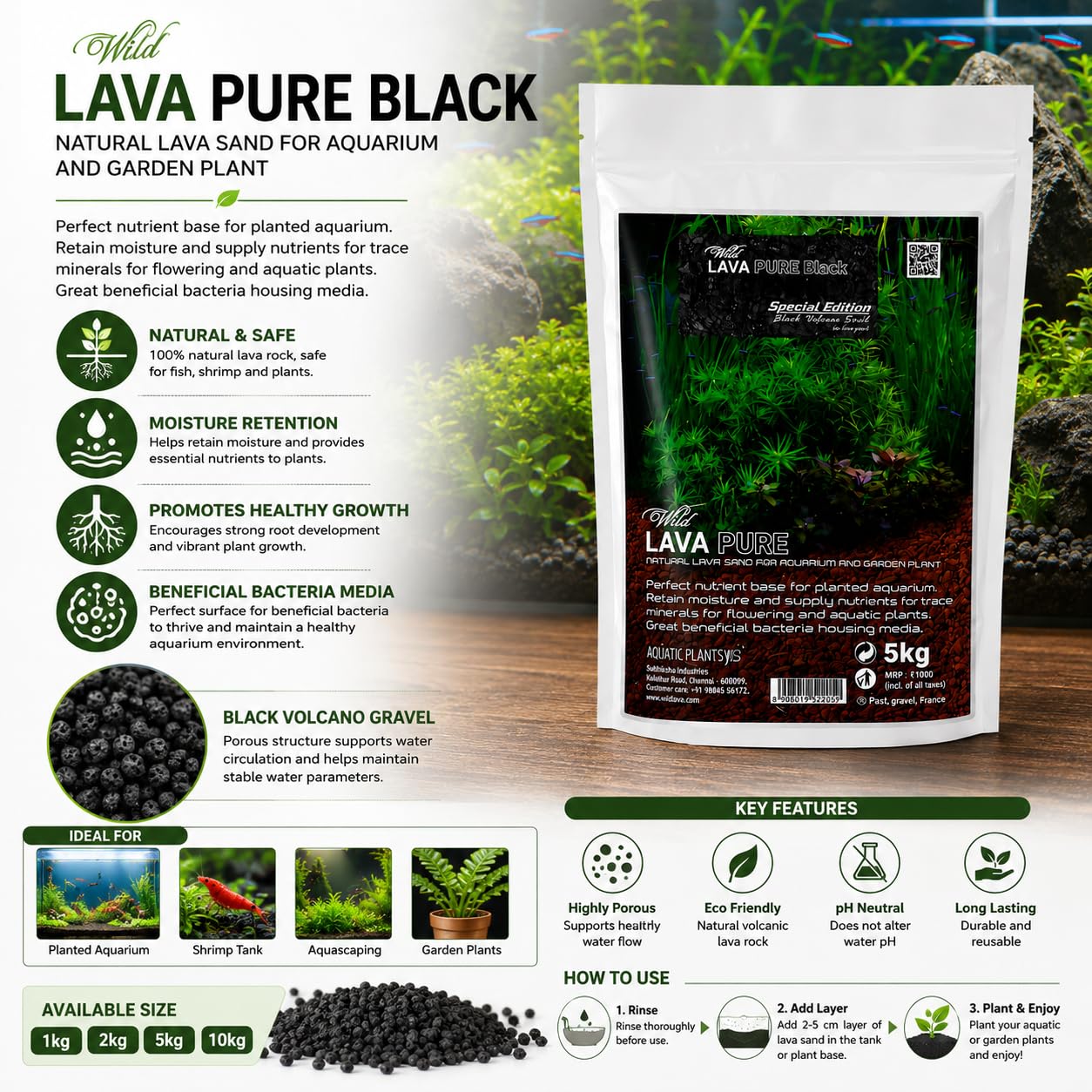 VAYINATO Aquatic Remedies Wild Lava Pure Black 5Kg | Special Edition Black Volcano Gravel for Planted Aquarium, Aquascaping & Garden Plants | Natural Porous Lava Substrate for Fish & Shrimp Tanks