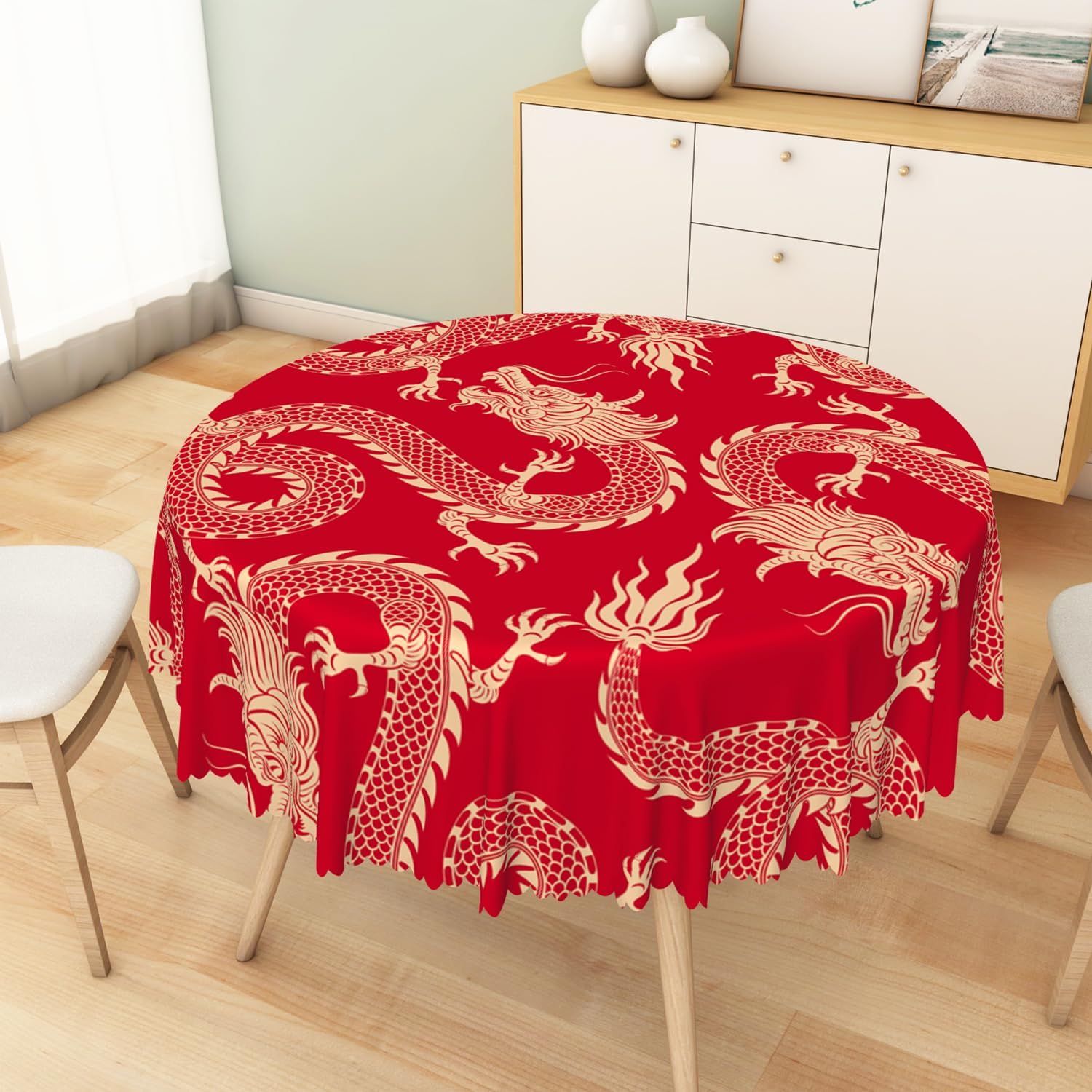 Dragon Round Tablecloth 70 Inch Traditional Flying Mascot Animal Chinese Dragons Red Gold Table Cloth Waterproof Fabric Table Cover for Dining Home Kitchen Restaurant Buffet New Year Party