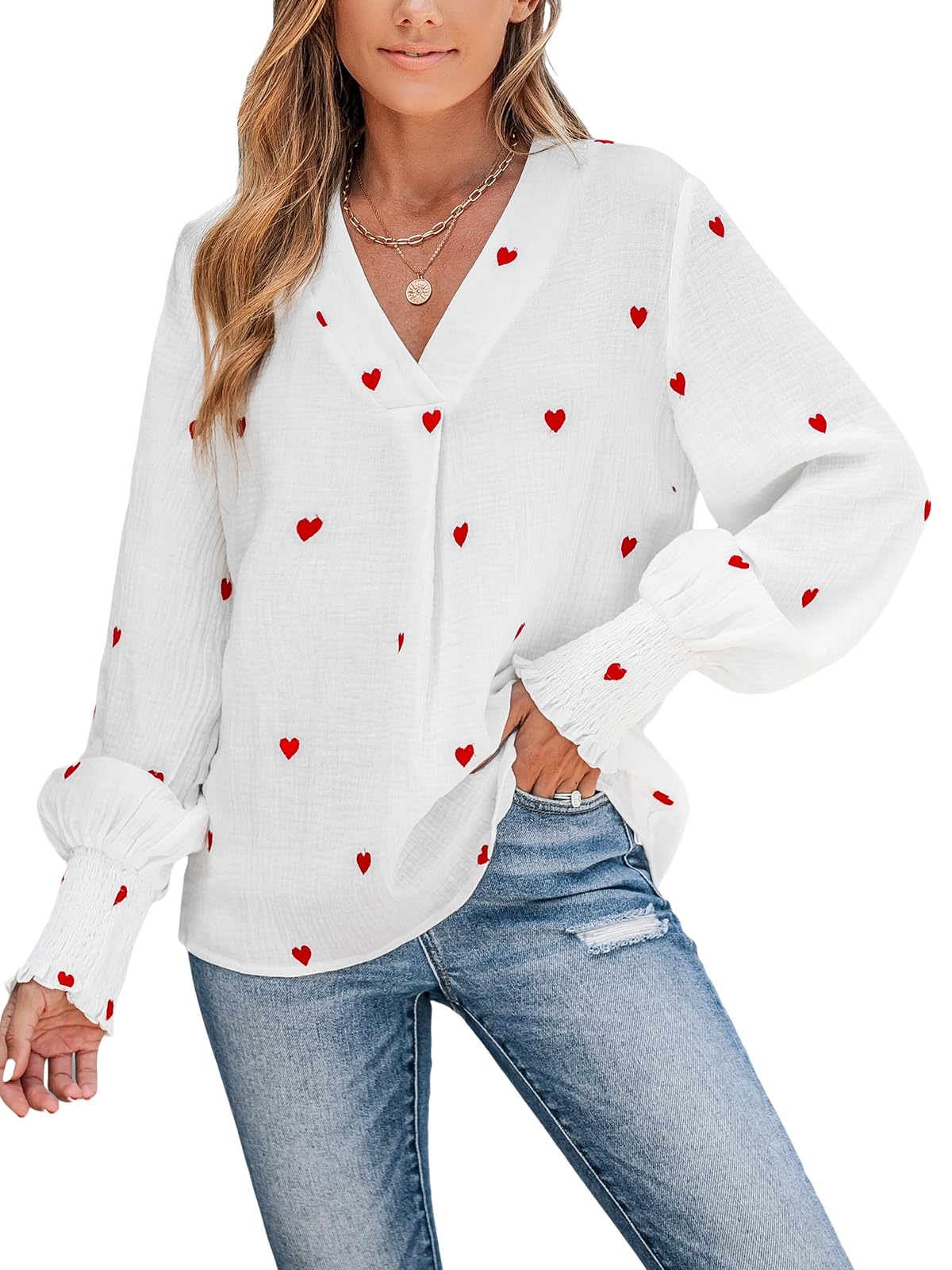 CUPSHE Bluse Damen Elegant Baumwolle Langarm V-Ausschnitt Herz-Stickerei