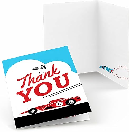 Big Dot of Happiness Let's Go Racing - Tarjetas de agradecimiento para fiesta de cumpleaños de baby shower o auto de carreras (8 unidades)