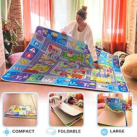 QUOKKA ABC Floor Play Mat - Extra Thick 0.3 in Non-Slip Padded Nursery Rug with City Design for Babies Toddlers & Kids - Super Soft Plush Mat for Playroom - Foldable Gift for Boys and Girls