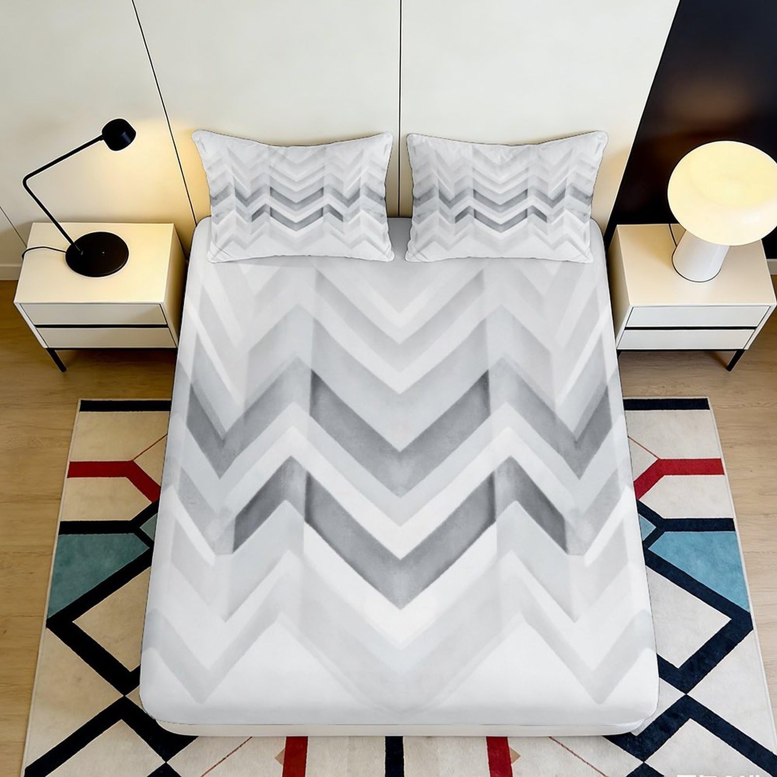 3D Printed Grey Chevron Fitted Sheet Microfiber Soft Breathable Geometric Stripe Mattress Cover for Bedroom Dorm Home 90x200x25cm