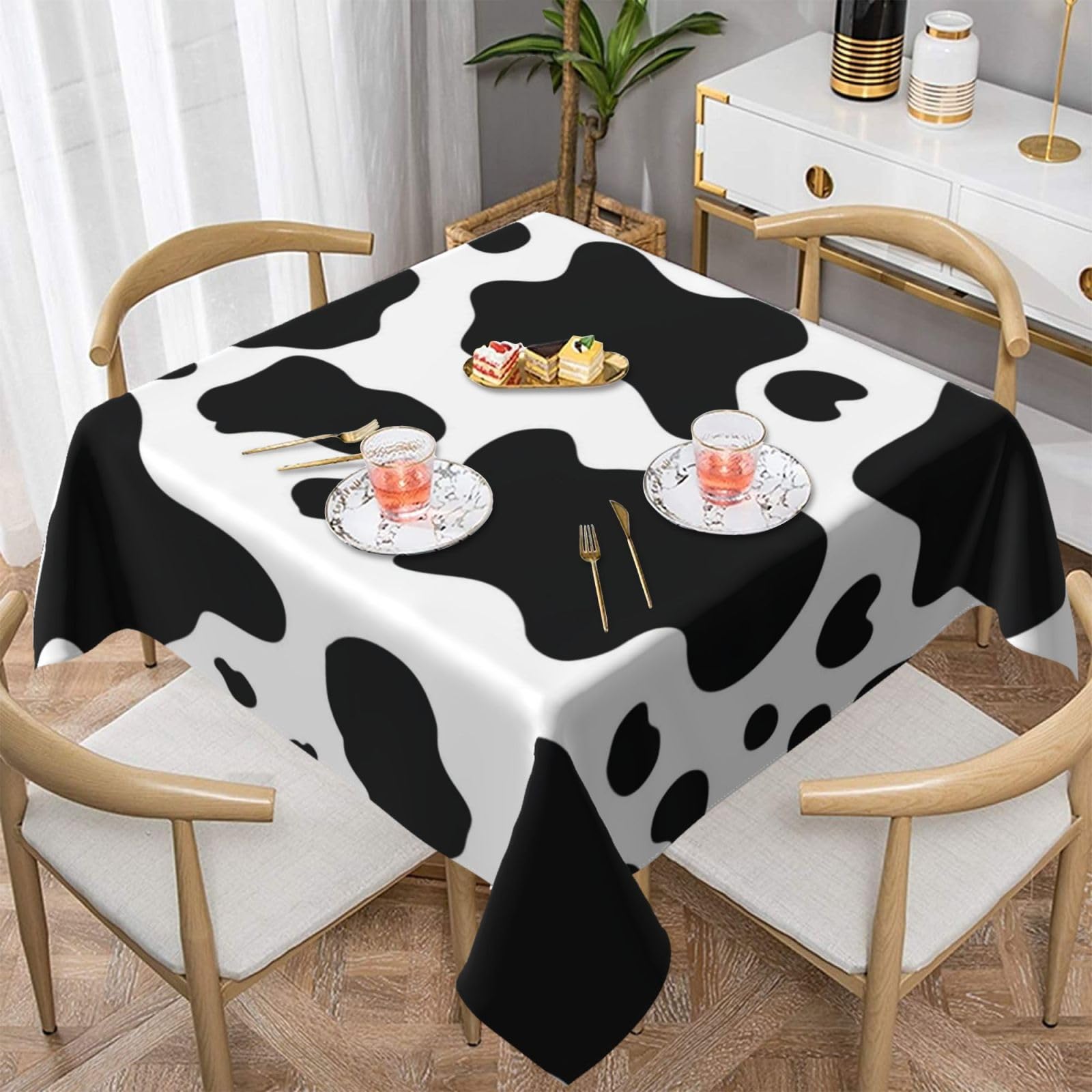 DCEHGEW Black And White Cow Prints Square Tablecloth 137x137 CM, Waterproof Fabric Table Cloth for Dining Table, Farmhouse Table Cover for Kitchen Dining Tabletop Decoration
